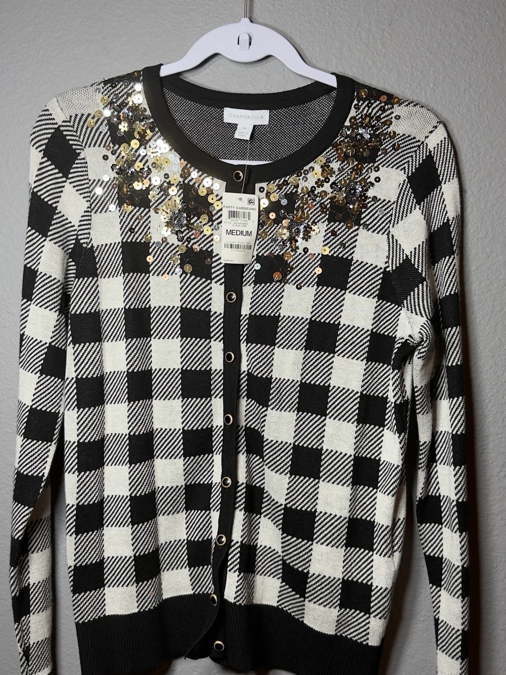 Charter Club Black & White Buffalo Check Cardigan with Gold Sequin Neckline